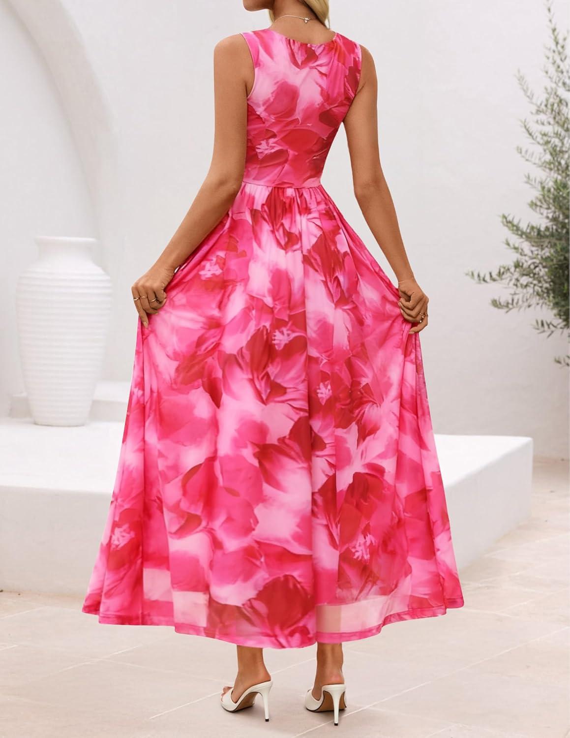imageZESICA Womens Summer Sleeveless Floral Maxi Dress 2026 Casual Crewneck Mesh A Line Flowy Boho Beach Party Long DressesRose
