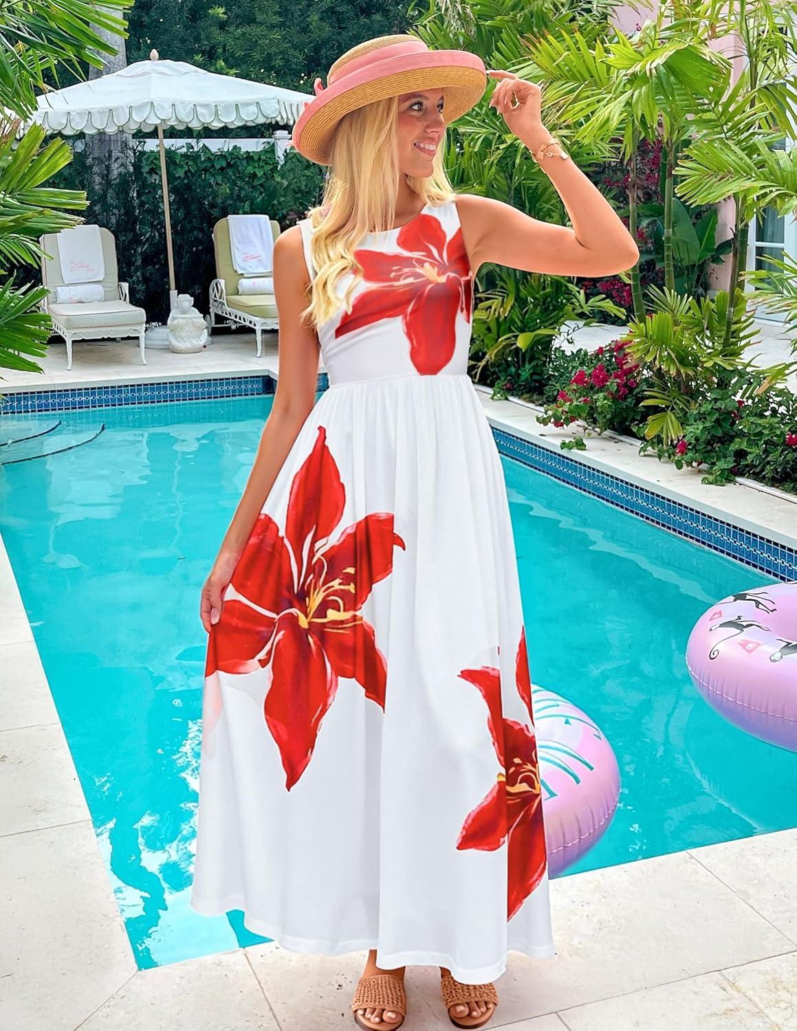 imageZESICA Womens Summer Sleeveless Floral Maxi Dress 2026 Casual Crewneck Mesh A Line Flowy Boho Beach Party Long DressesWhite