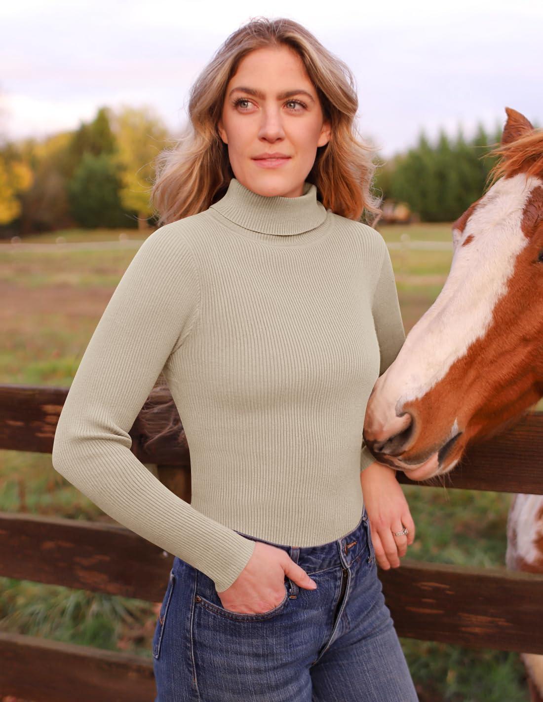 imageZESICA Womens Turtleneck Long Sleeve Shirts 2026 Spring Trendy Tops Slim Fitted Ribbed Knit Basic Casual SweaterApricot