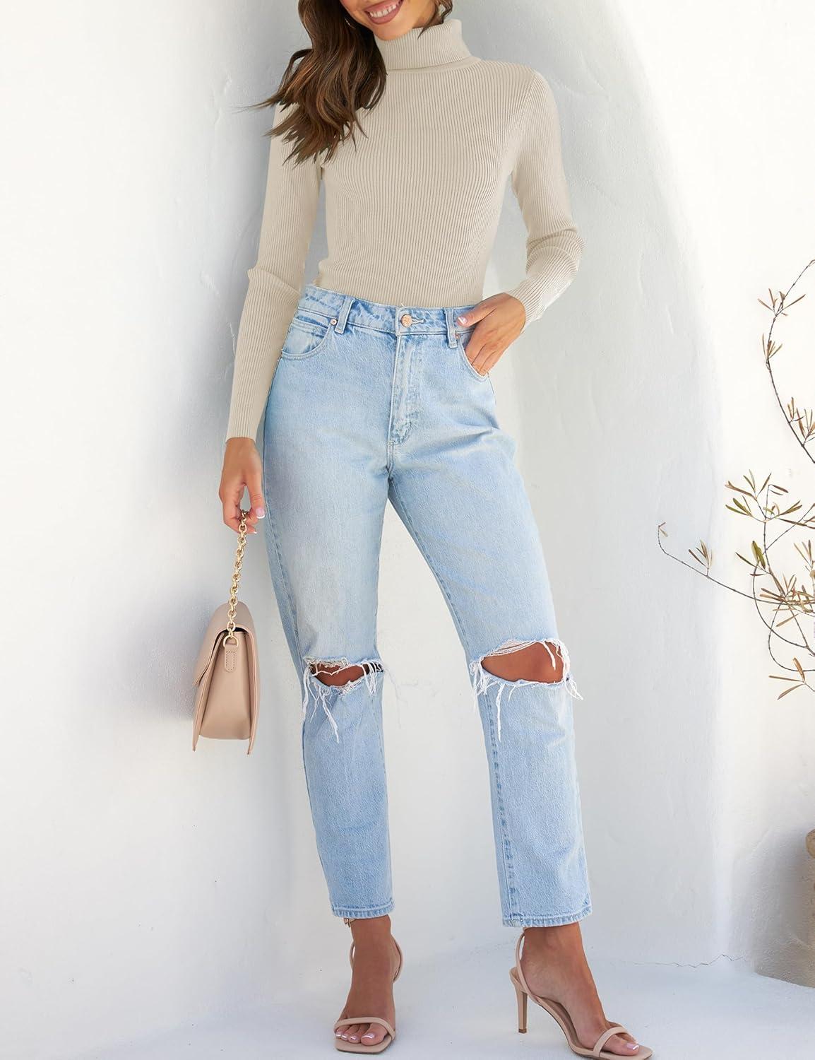imageZESICA Womens Turtleneck Long Sleeve Shirts 2026 Spring Trendy Tops Slim Fitted Ribbed Knit Basic Casual SweaterApricot