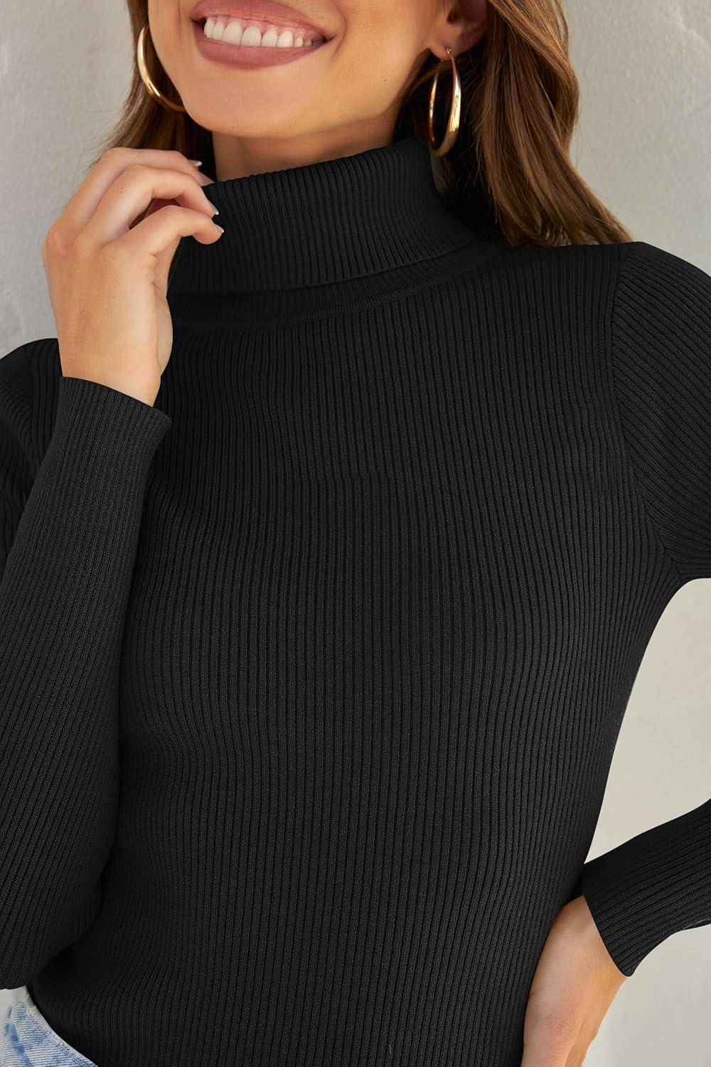 imageZESICA Womens Turtleneck Long Sleeve Shirts 2026 Spring Trendy Tops Slim Fitted Ribbed Knit Basic Casual SweaterBlack