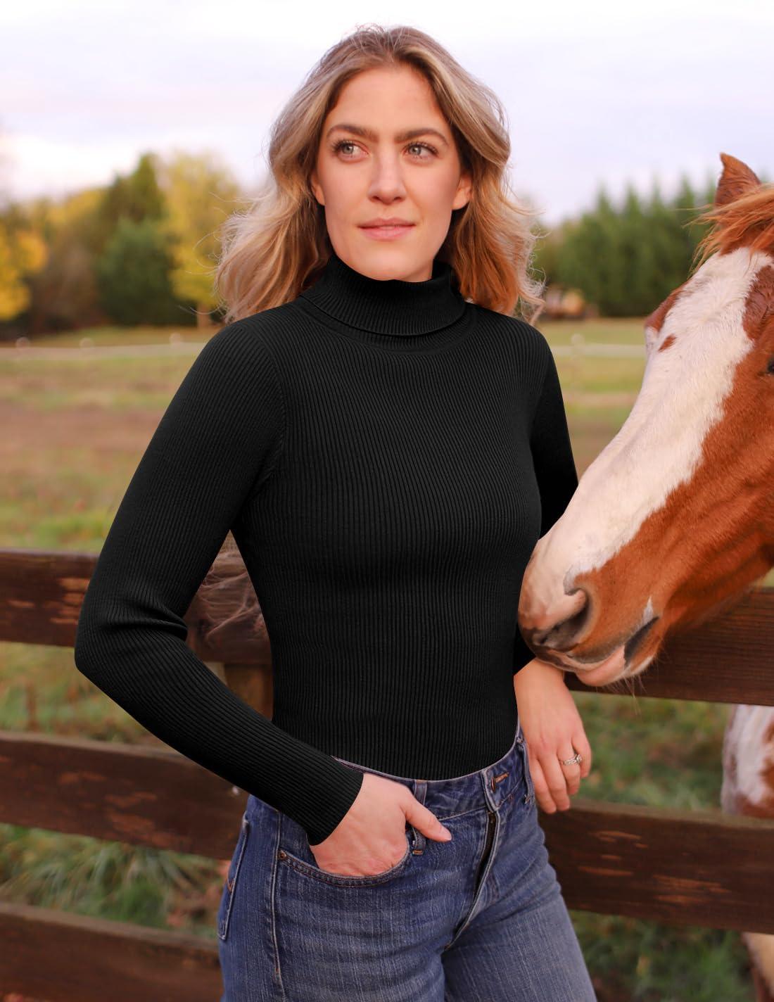 imageZESICA Womens Turtleneck Long Sleeve Shirts 2026 Spring Trendy Tops Slim Fitted Ribbed Knit Basic Casual SweaterBlack