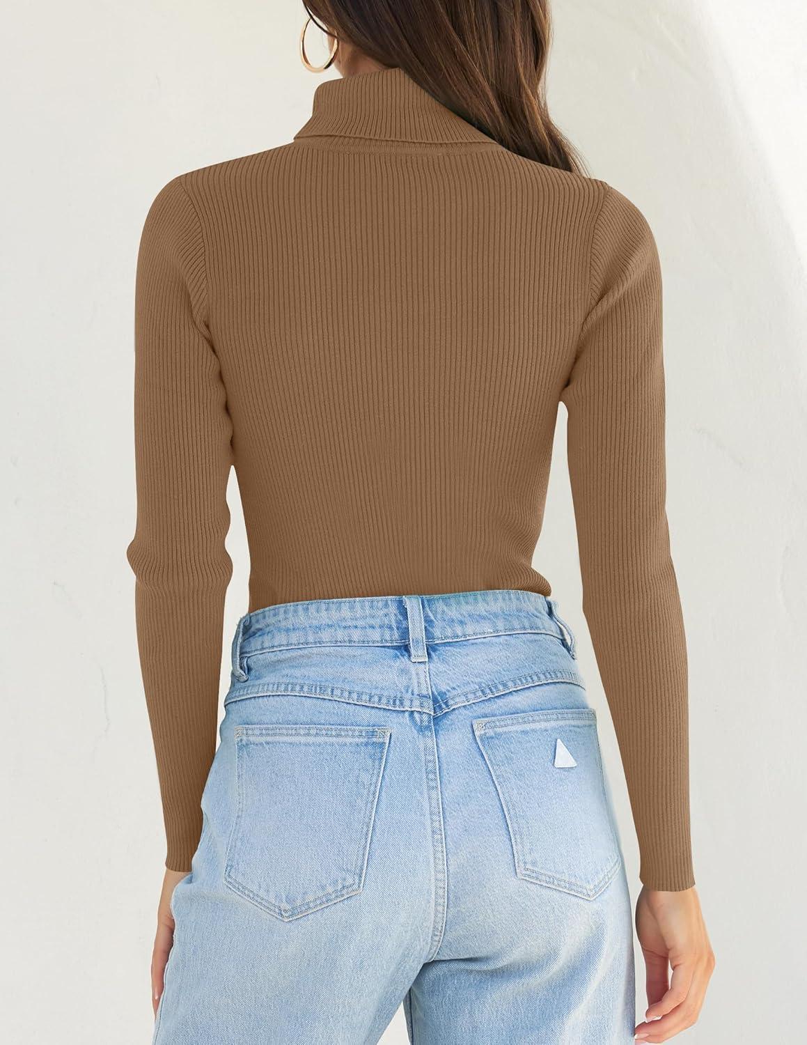imageZESICA Womens Turtleneck Long Sleeve Shirts 2026 Spring Trendy Tops Slim Fitted Ribbed Knit Basic Casual SweaterBrown