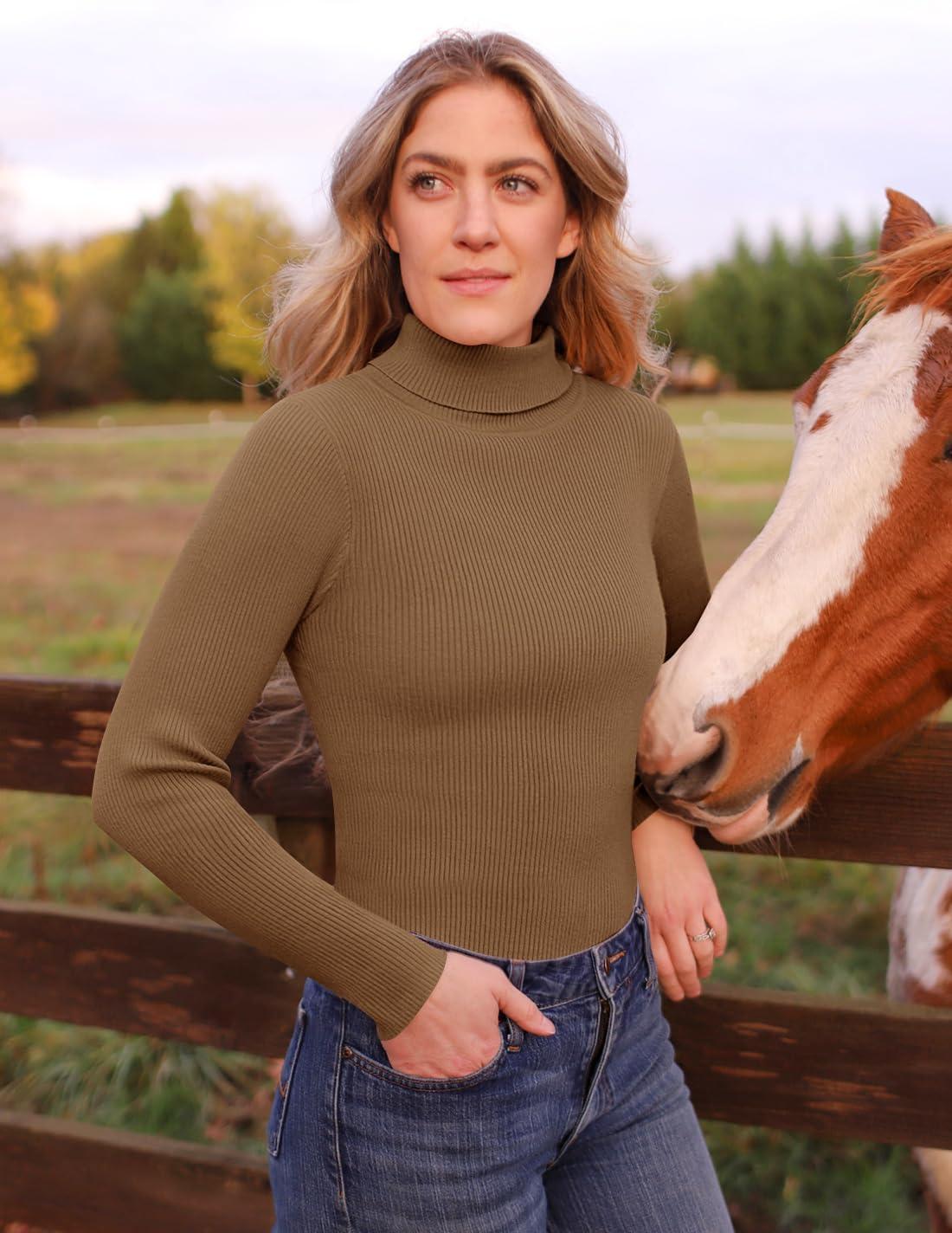 imageZESICA Womens Turtleneck Long Sleeve Shirts 2026 Spring Trendy Tops Slim Fitted Ribbed Knit Basic Casual SweaterBrown