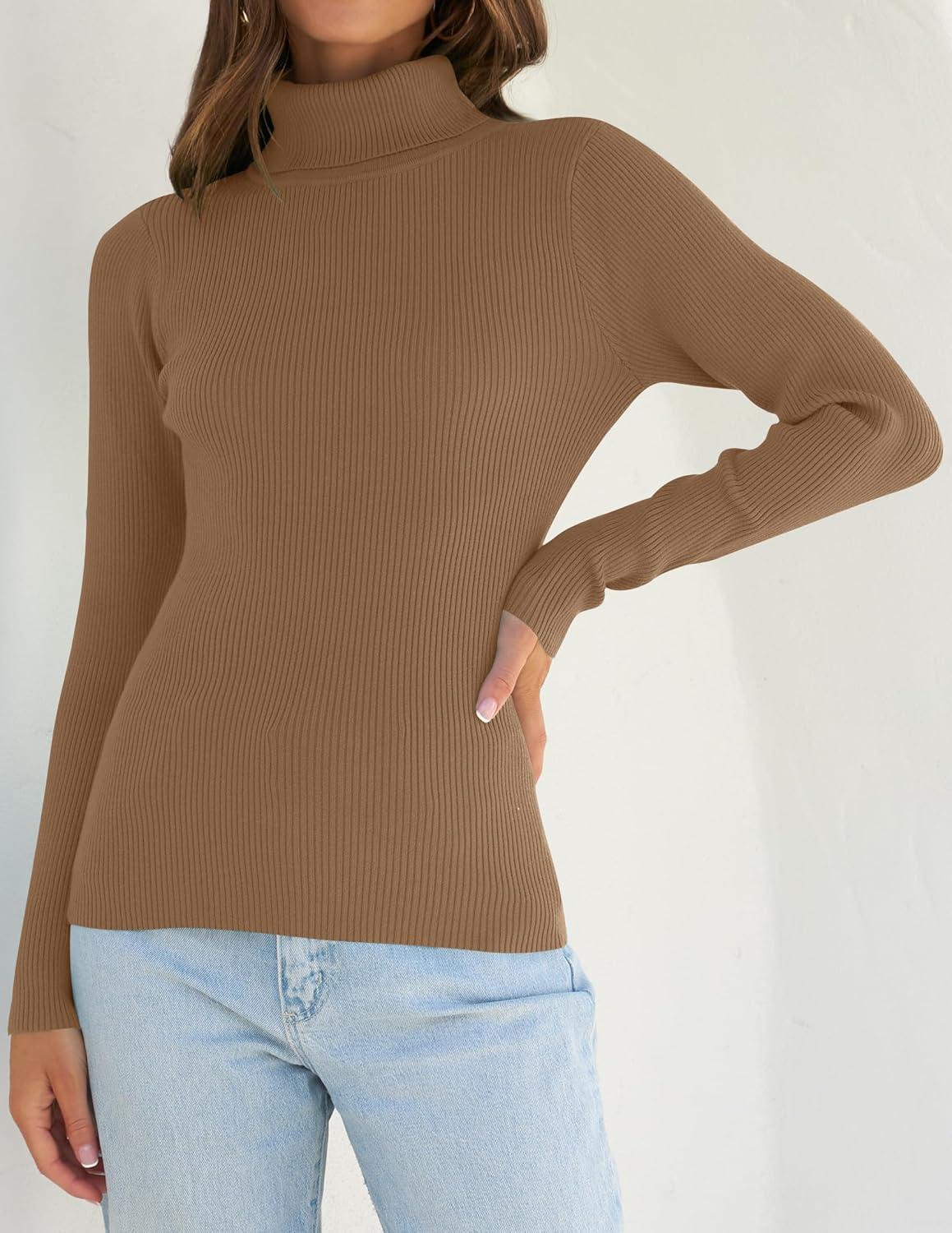 imageZESICA Womens Turtleneck Long Sleeve Shirts 2026 Spring Trendy Tops Slim Fitted Ribbed Knit Basic Casual SweaterBrown