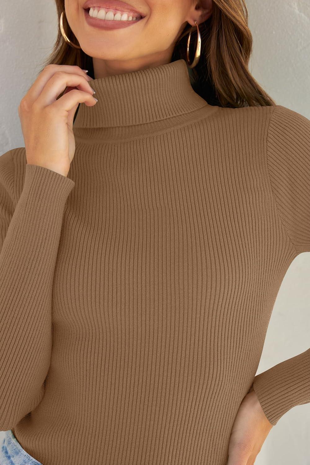 imageZESICA Womens Turtleneck Long Sleeve Shirts 2026 Spring Trendy Tops Slim Fitted Ribbed Knit Basic Casual SweaterBrown