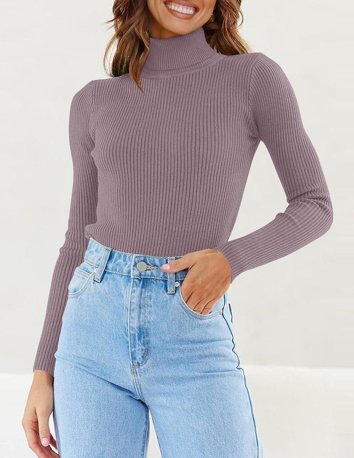 imageZESICA Womens Turtleneck Long Sleeve Shirts 2026 Spring Trendy Tops Slim Fitted Ribbed Knit Basic Casual SweaterTaro