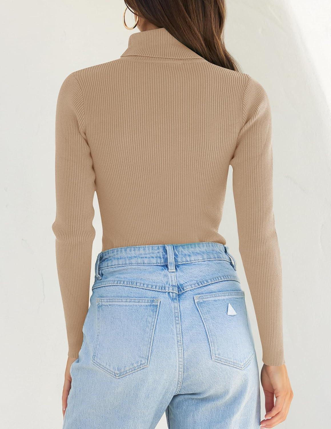 imageZESICA Womens Turtleneck Long Sleeve Shirts 2026 Spring Trendy Tops Slim Fitted Ribbed Knit Basic Casual SweaterToffee