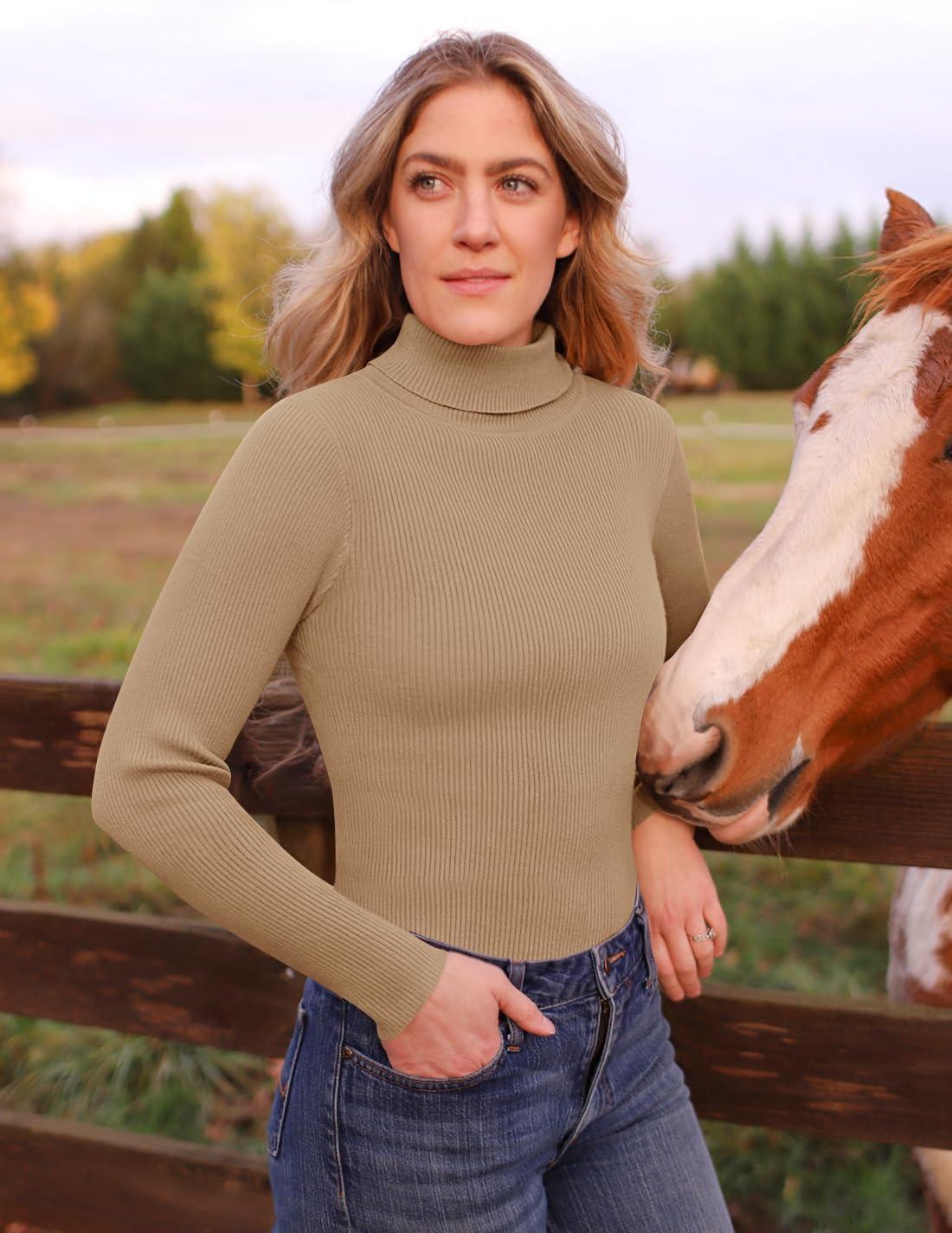 imageZESICA Womens Turtleneck Long Sleeve Shirts 2026 Spring Trendy Tops Slim Fitted Ribbed Knit Basic Casual SweaterToffee