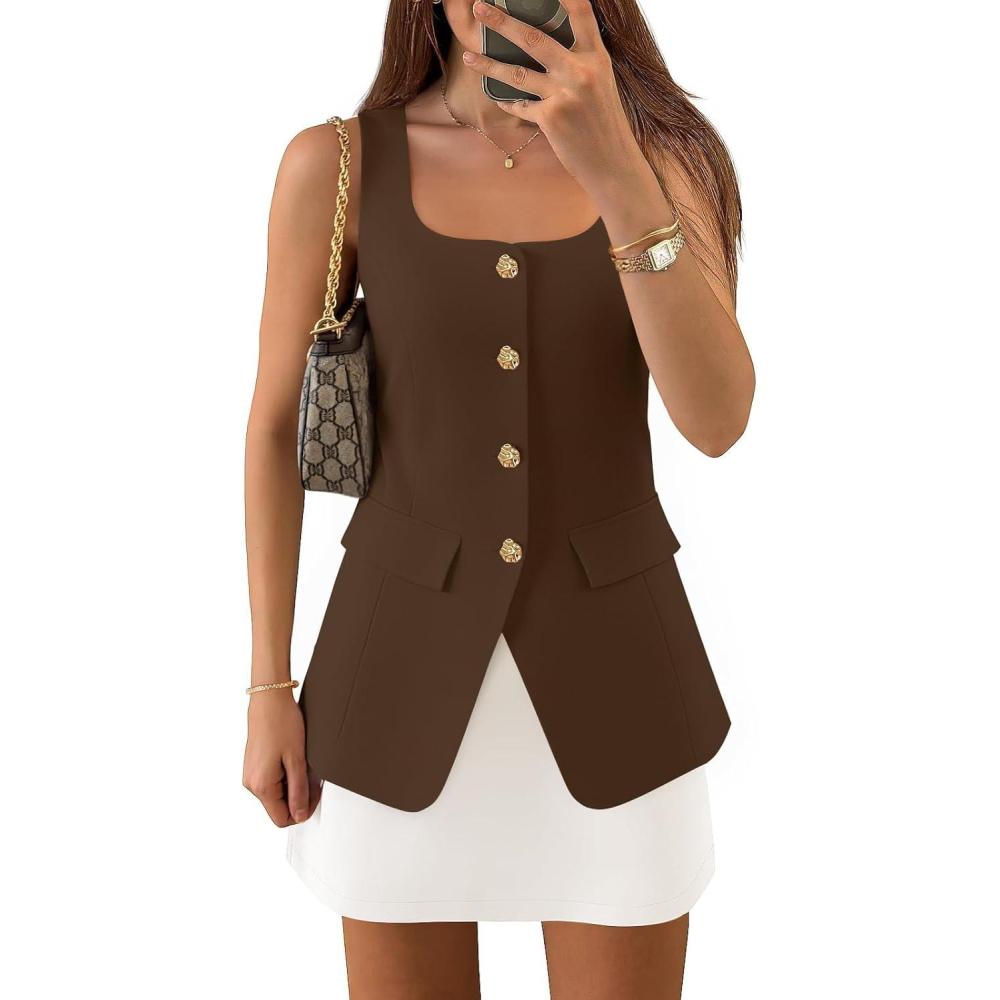 imageZESICA 2026 Summer Casual Sleeveless Suit Vest for Women Square Neck Button Down Work Business Blazer Vests WaistcoatBrown