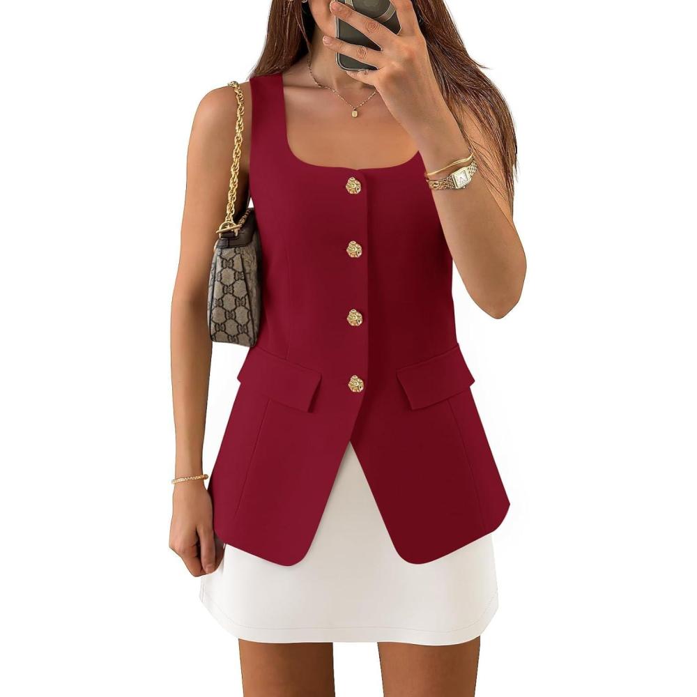 imageZESICA 2026 Summer Casual Sleeveless Suit Vest for Women Square Neck Button Down Work Business Blazer Vests WaistcoatDark Red