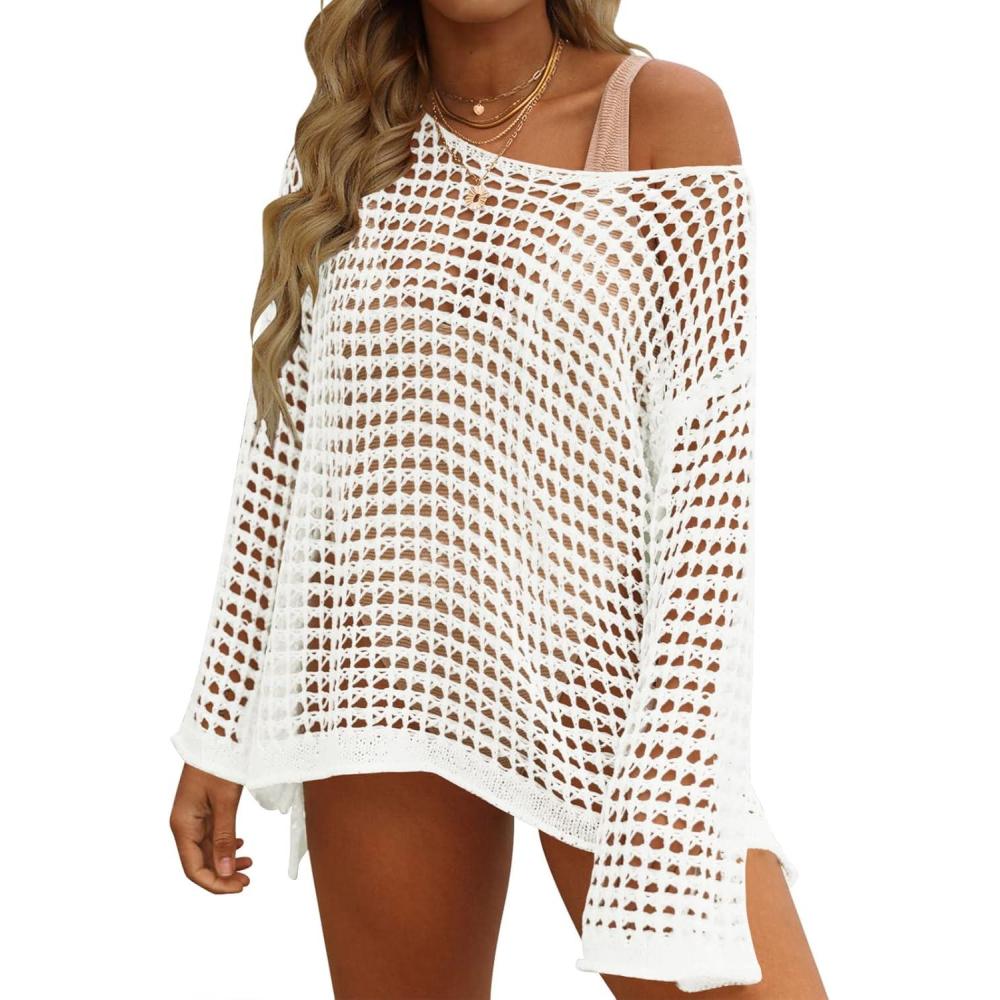 imageZESICA Womens 2026 Summer Crochet Hollow Out Long Sleeve Beach Bikini Swimsuit Mesh Cover Up Tunic TopApricot