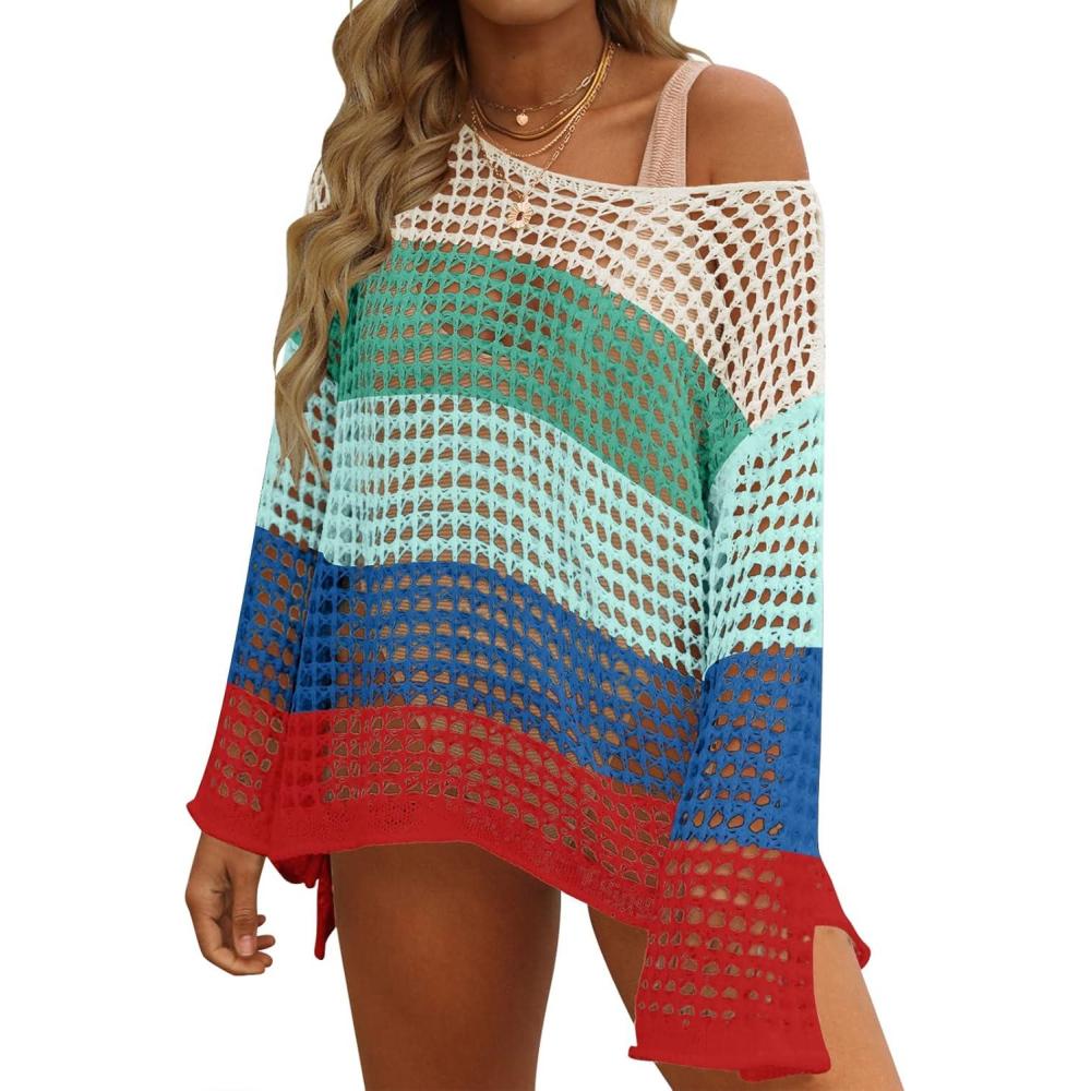 imageZESICA Womens 2026 Summer Crochet Hollow Out Long Sleeve Beach Bikini Swimsuit Mesh Cover Up Tunic TopBluegreen