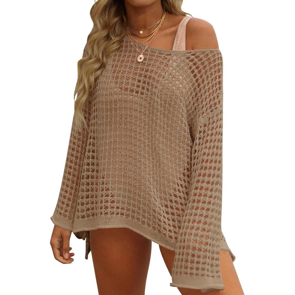 imageZESICA Womens 2026 Summer Crochet Hollow Out Long Sleeve Beach Bikini Swimsuit Mesh Cover Up Tunic TopDeepapricot