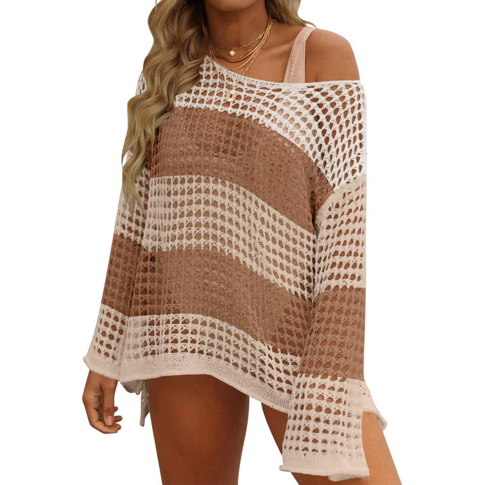 imageZESICA Womens 2026 Summer Crochet Hollow Out Long Sleeve Beach Bikini Swimsuit Mesh Cover Up Tunic TopKhaki