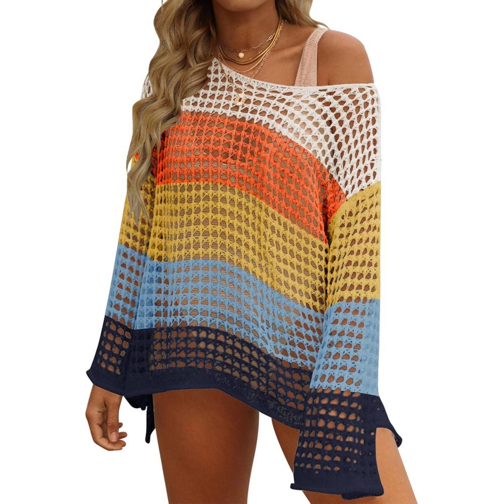 imageZESICA Womens 2026 Summer Crochet Hollow Out Long Sleeve Beach Bikini Swimsuit Mesh Cover Up Tunic TopNavy