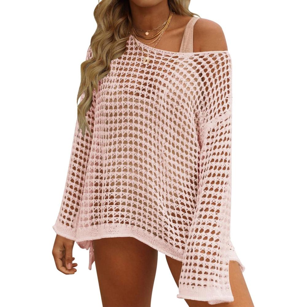 imageZESICA Womens 2026 Summer Crochet Hollow Out Long Sleeve Beach Bikini Swimsuit Mesh Cover Up Tunic TopPink