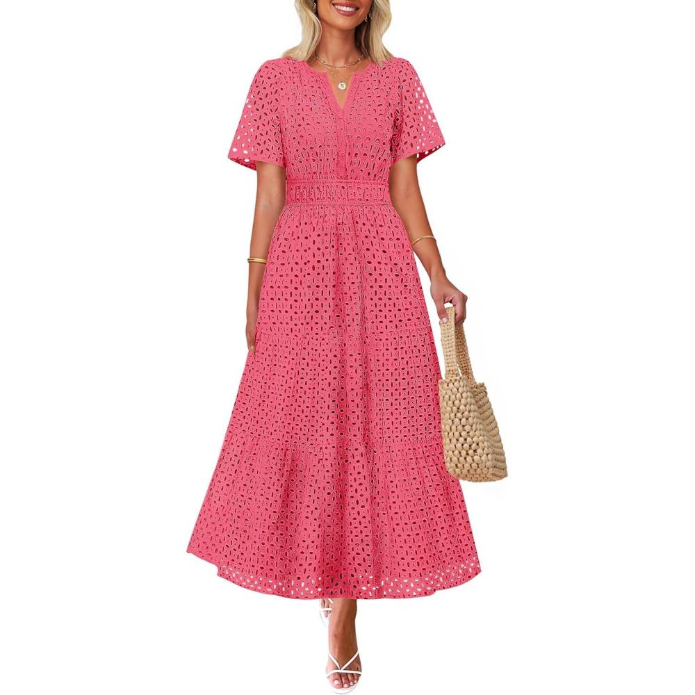 imageZESICA Womens 2026 Summer Short Sleeve Maxi Dress Casual V Neck Hollow Out Eyelet Ruffle Swing A Line Long DressesHotpink