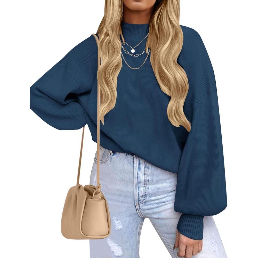 imageZESICA Womens Casual Turtleneck Long Lantern Sleeve Fall 2026 Oversized Ribbed Knit Pullover Sweater Jumper TopRoyalblue