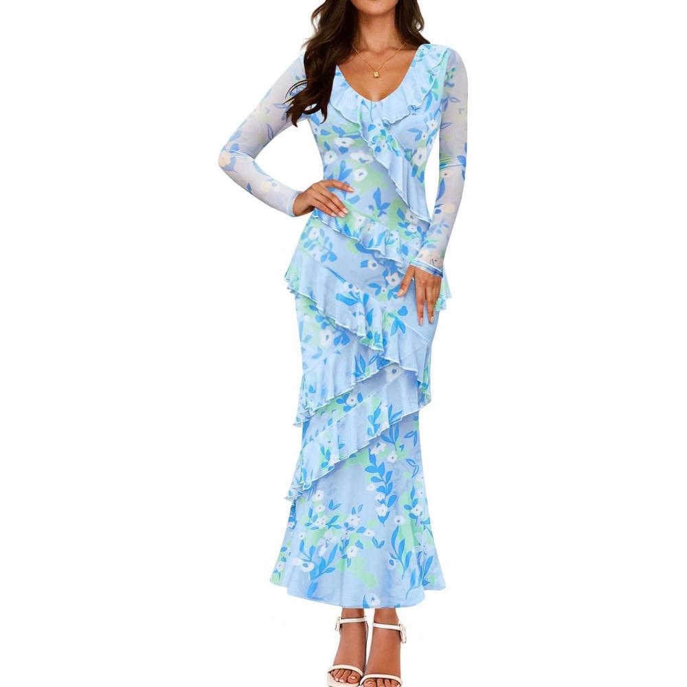 imageZESICA Womens Fall Floral Long Sleeve Maxi Dress 2026 Boho Bodycon V Neck Ruffle Wedding Party Long DressesBlue