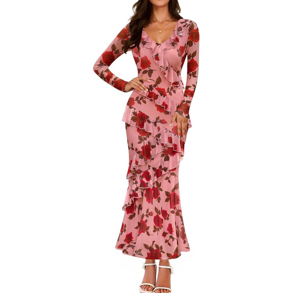 imageZESICA Womens Fall Floral Long Sleeve Maxi Dress 2026 Boho Bodycon V Neck Ruffle Wedding Party Long DressesDark Pink