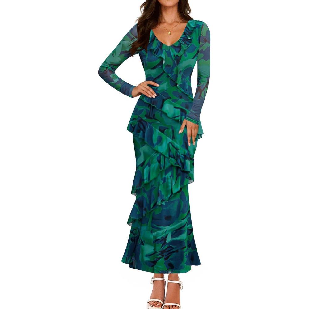 imageZESICA Womens Fall Floral Long Sleeve Maxi Dress 2026 Boho Bodycon V Neck Ruffle Wedding Party Long DressesGreen