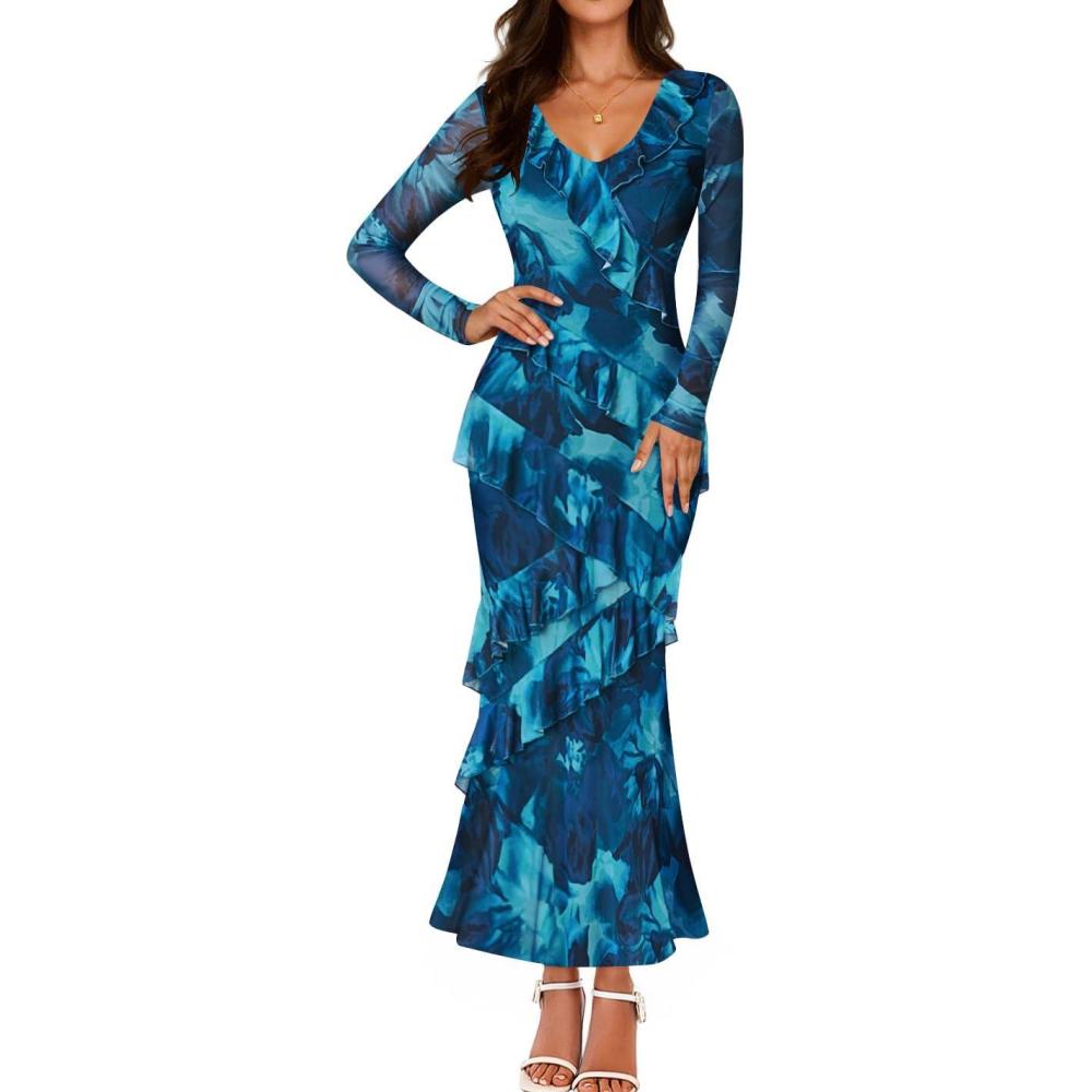 imageZESICA Womens Fall Floral Long Sleeve Maxi Dress 2026 Boho Bodycon V Neck Ruffle Wedding Party Long DressesLake