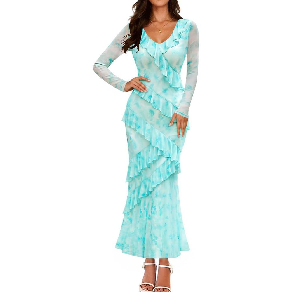 imageZESICA Womens Fall Floral Long Sleeve Maxi Dress 2026 Boho Bodycon V Neck Ruffle Wedding Party Long DressesLight Green