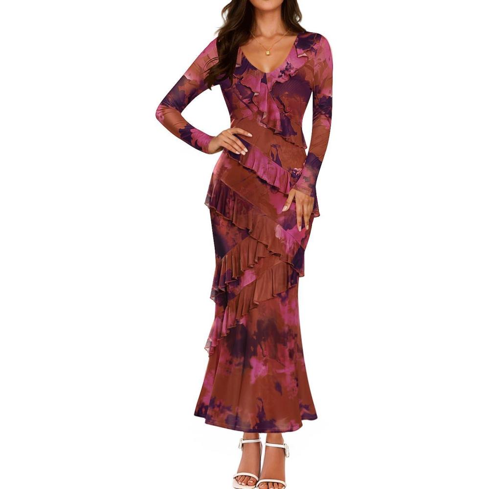 imageZESICA Womens Fall Floral Long Sleeve Maxi Dress 2026 Boho Bodycon V Neck Ruffle Wedding Party Long DressesPurple