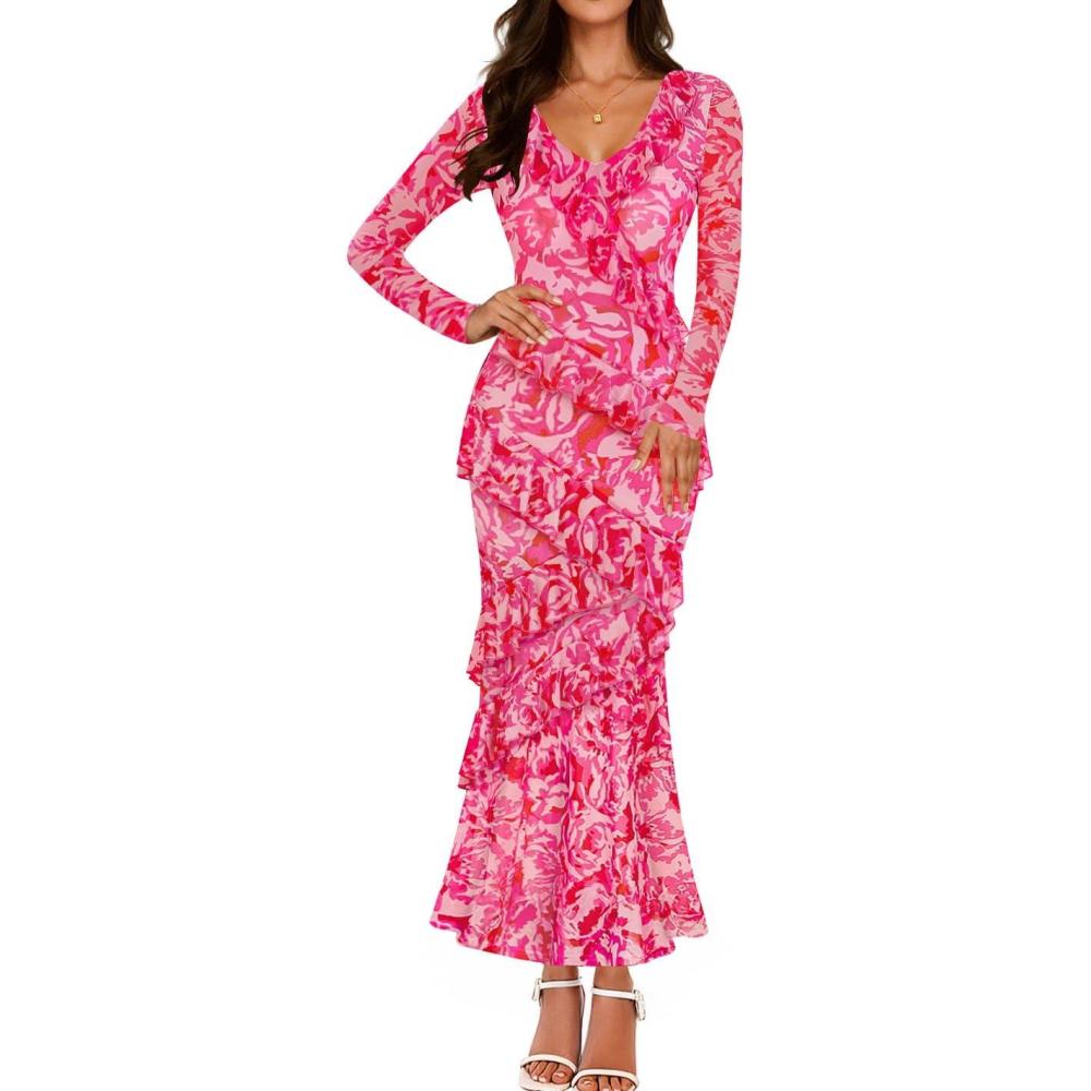 imageZESICA Womens Fall Floral Long Sleeve Maxi Dress 2026 Boho Bodycon V Neck Ruffle Wedding Party Long DressesRose