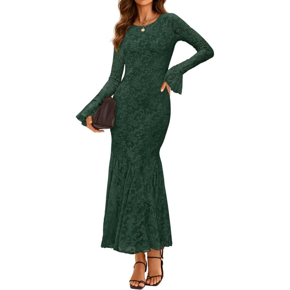 imageZESICA Womens Long Sleeve Bodycon Maxi Dress 2026 Fall Fashion Floral Sexy Mermaid Wedding Guest Cocktail Party DressesDarkgreen