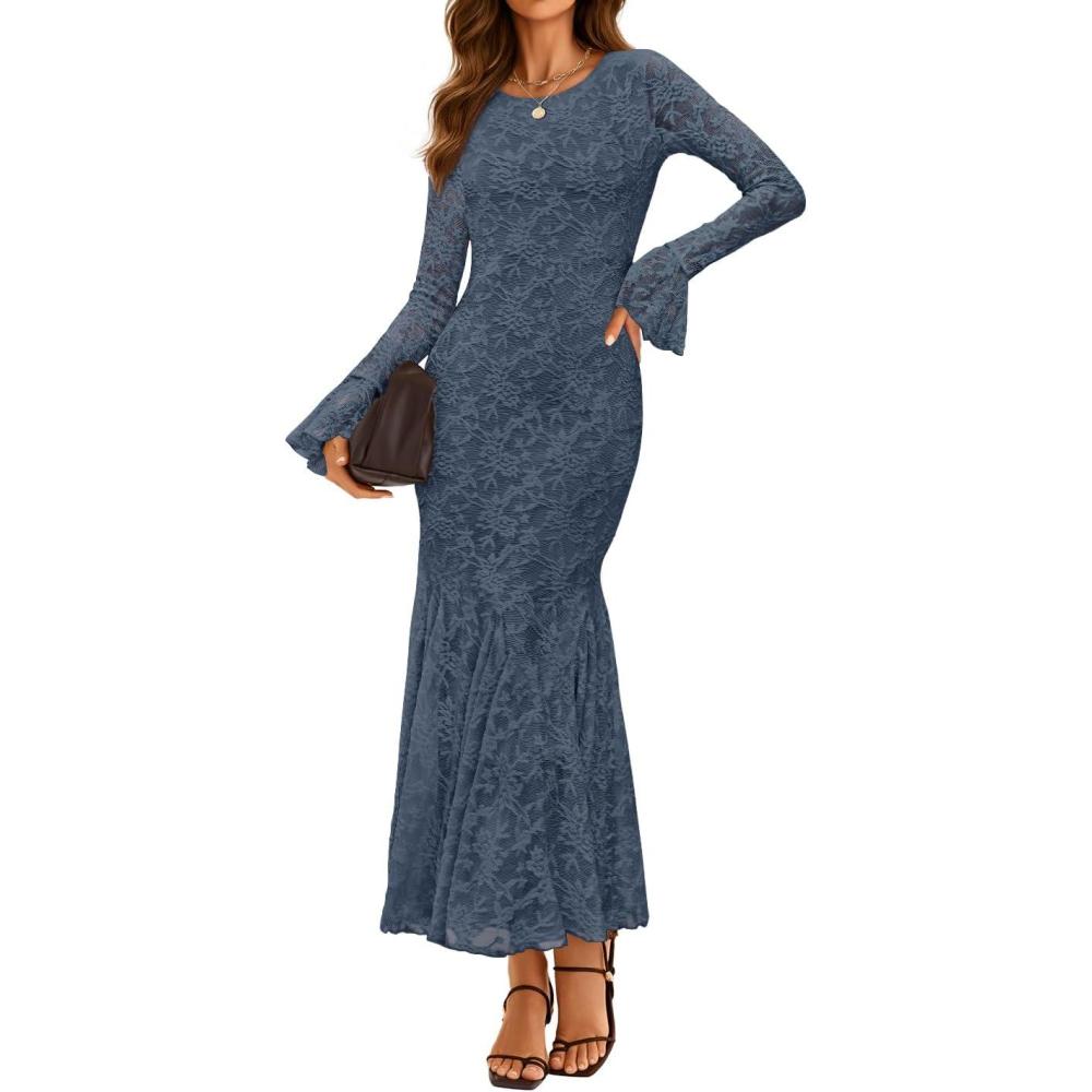 imageZESICA Womens Long Sleeve Bodycon Maxi Dress 2026 Fall Fashion Floral Sexy Mermaid Wedding Guest Cocktail Party DressesDustyblue