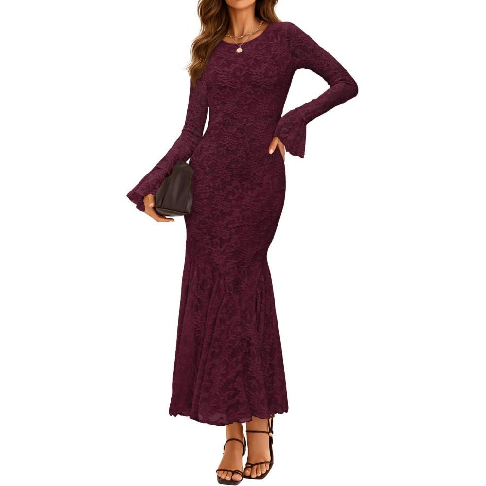 imageZESICA Womens Long Sleeve Bodycon Maxi Dress 2026 Fall Fashion Floral Sexy Mermaid Wedding Guest Cocktail Party DressesWine
