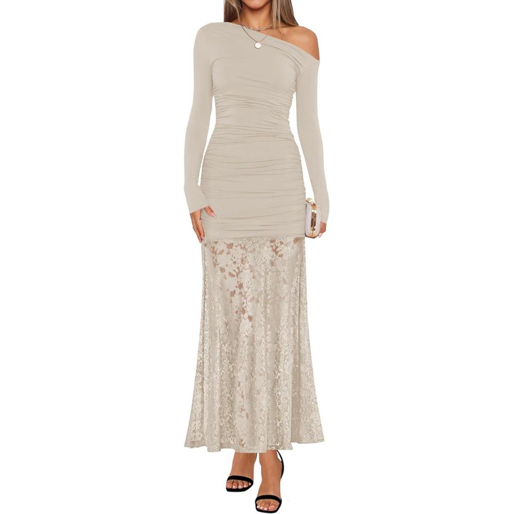 imageZESICA Womens Long Sleeve Off Shoulder Bodycon Dresses Fall 2026 Ruched Lace Wedding Guest Cocktail Formal Maxi DressApricot