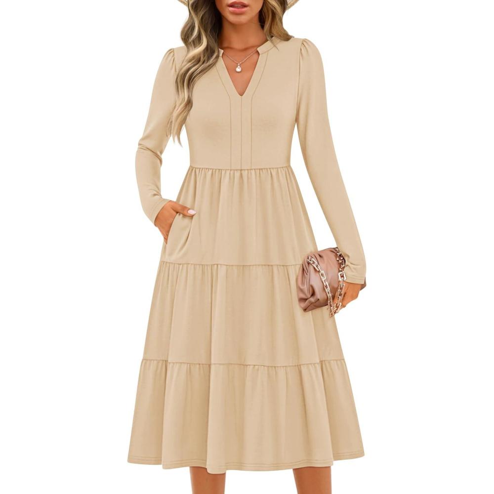 imageZESICA Womens Long Sleeve Spring Dresses 2026 Fashion V Neck Casual Loose Ruffle Flowy A Line Tiered Midi DressApricot