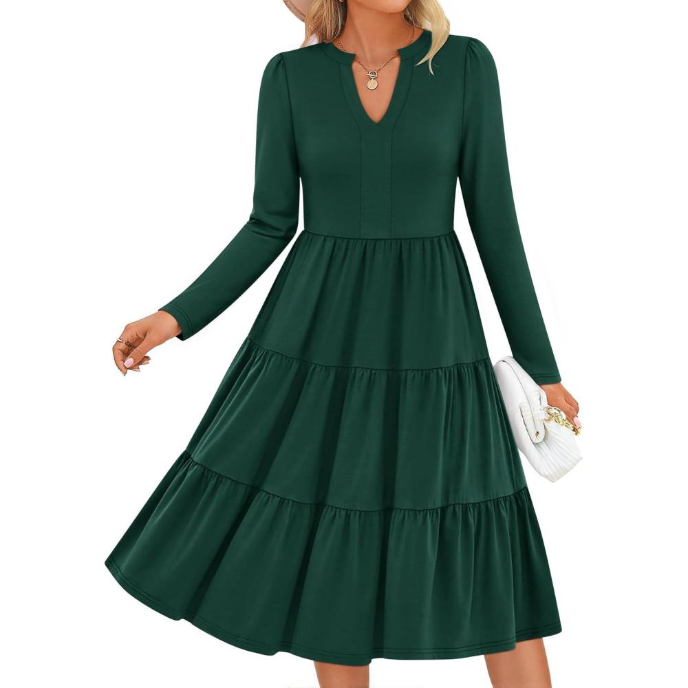 imageZESICA Womens Long Sleeve Spring Dresses 2026 Fashion V Neck Casual Loose Ruffle Flowy A Line Tiered Midi DressDarkgreen