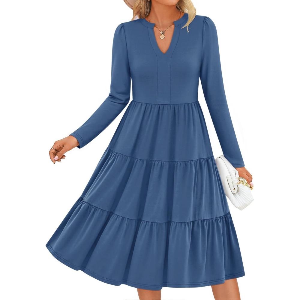 imageZESICA Womens Long Sleeve Spring Dresses 2026 Fashion V Neck Casual Loose Ruffle Flowy A Line Tiered Midi DressDustyblue