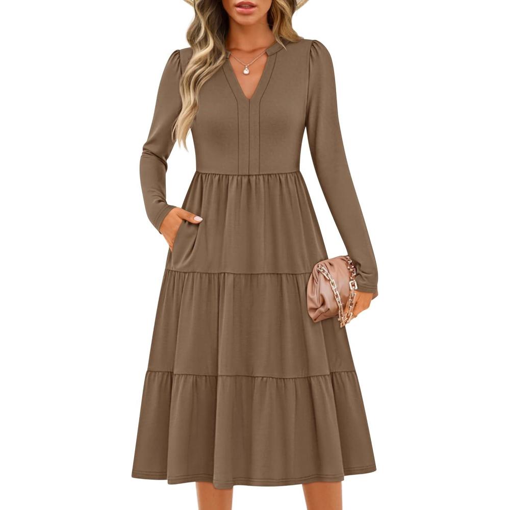 imageZESICA Womens Long Sleeve Spring Dresses 2026 Fashion V Neck Casual Loose Ruffle Flowy A Line Tiered Midi DressKhaki