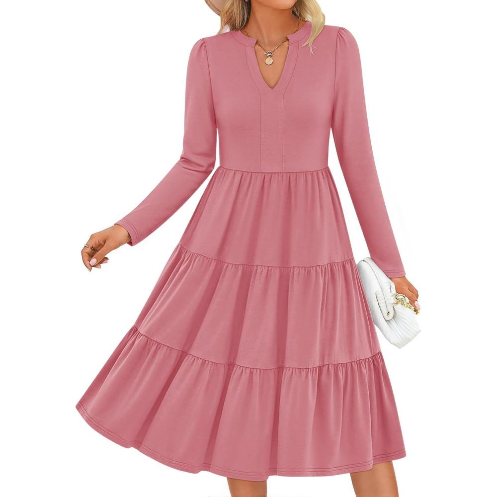 imageZESICA Womens Long Sleeve Spring Dresses 2026 Fashion V Neck Casual Loose Ruffle Flowy A Line Tiered Midi DressPink