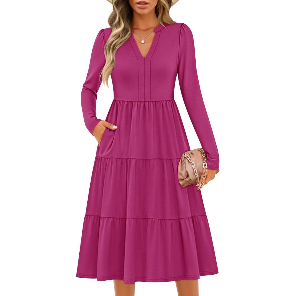 imageZESICA Womens Long Sleeve Spring Dresses 2026 Fashion V Neck Casual Loose Ruffle Flowy A Line Tiered Midi DressRose