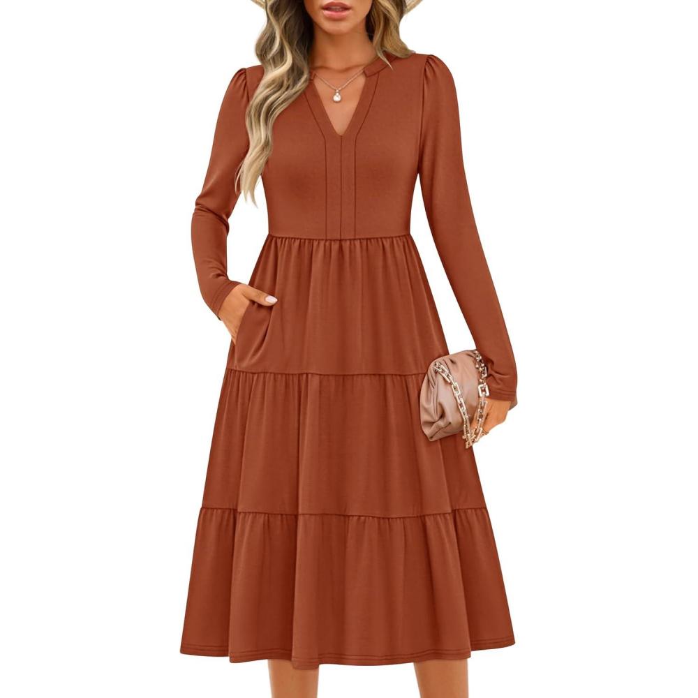 imageZESICA Womens Long Sleeve Spring Dresses 2026 Fashion V Neck Casual Loose Ruffle Flowy A Line Tiered Midi DressRust