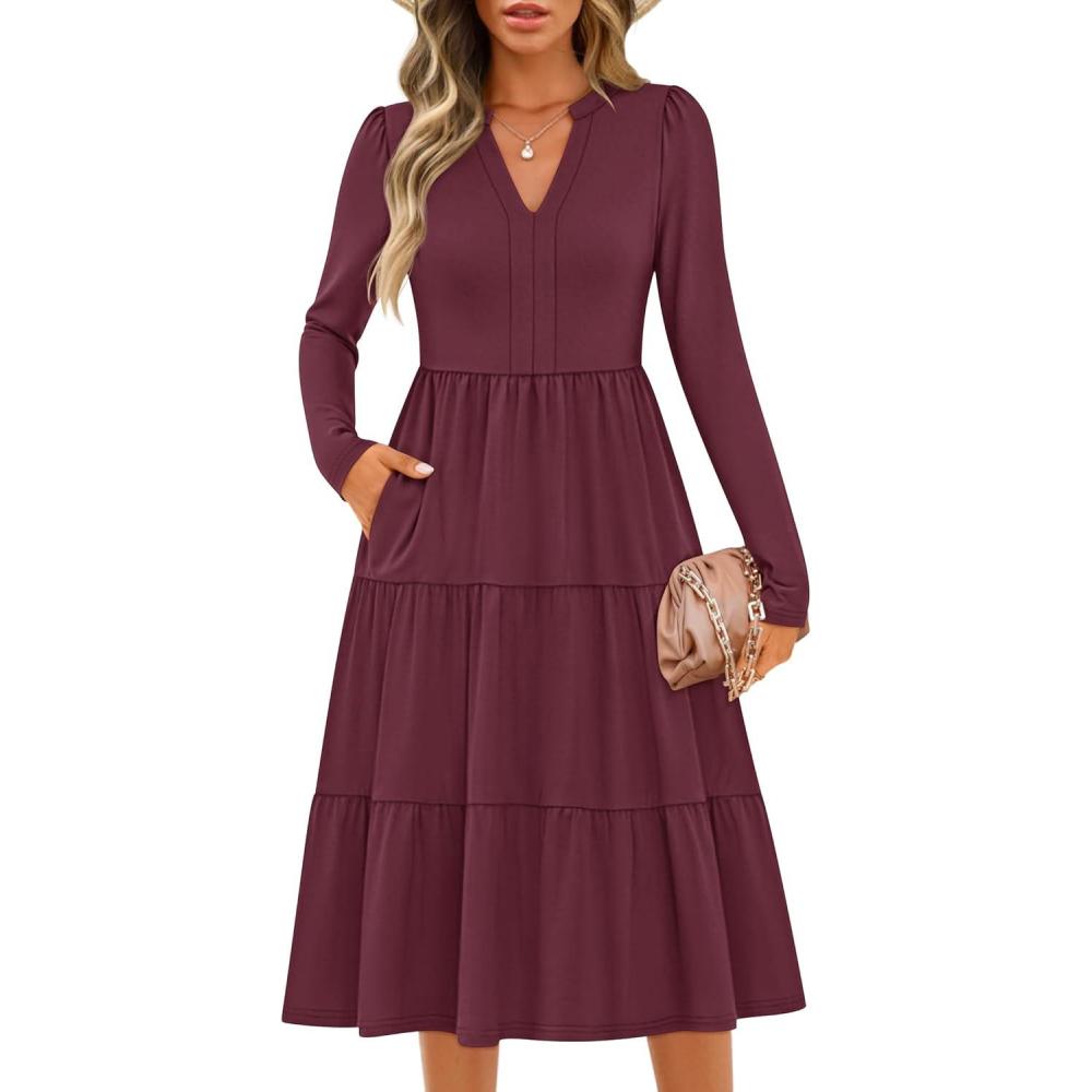 imageZESICA Womens Long Sleeve Spring Dresses 2026 Fashion V Neck Casual Loose Ruffle Flowy A Line Tiered Midi DressWine