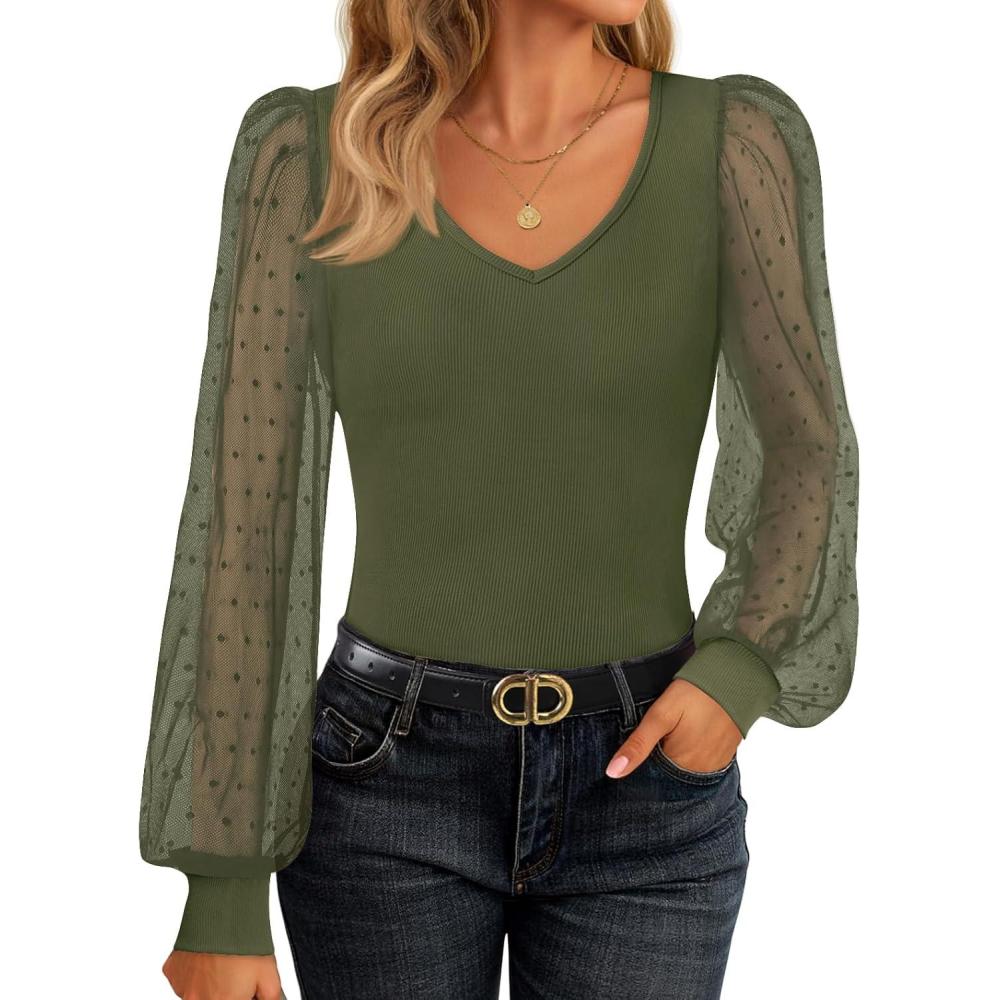 imageZESICA Womens Mesh Puff Long Sleeve Shirts 2026 Spring Fall V Neck Ribbed Knit Sexy Going Out Tops Casual Work BlouseArmy Green