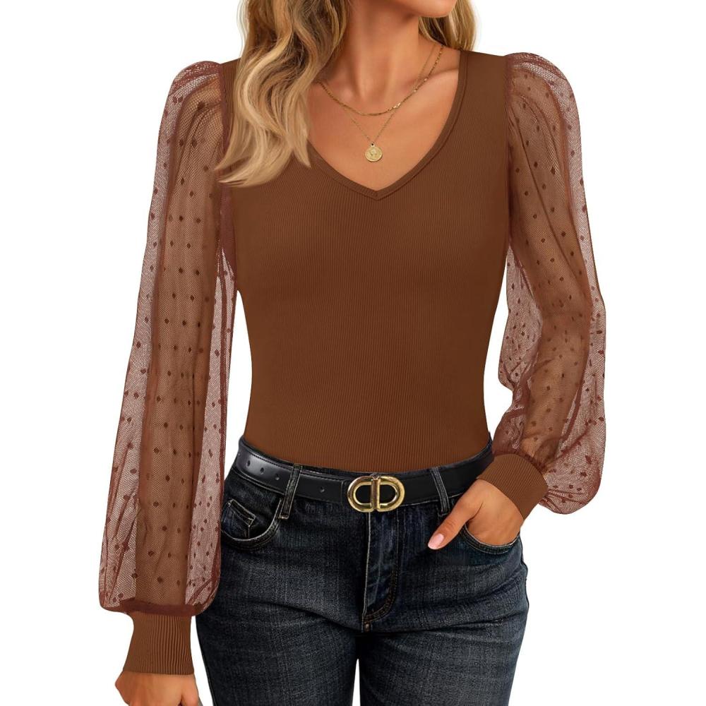imageZESICA Womens Mesh Puff Long Sleeve Shirts 2026 Spring Fall V Neck Ribbed Knit Sexy Going Out Tops Casual Work BlouseBrown
