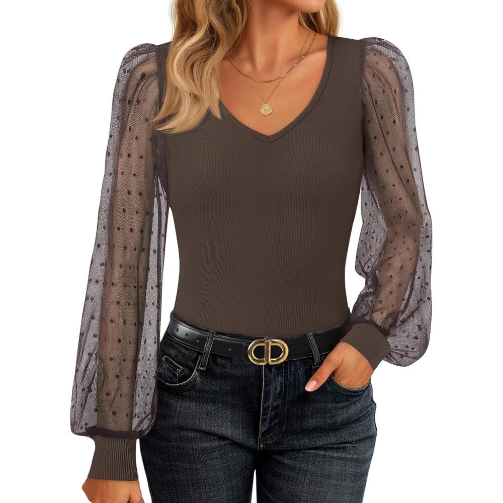 imageZESICA Womens Mesh Puff Long Sleeve Shirts 2026 Spring Fall V Neck Ribbed Knit Sexy Going Out Tops Casual Work BlouseCoffee