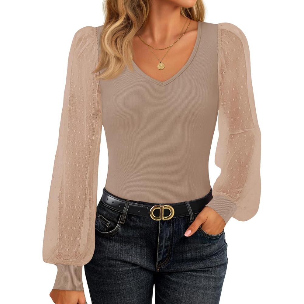 imageZESICA Womens Mesh Puff Long Sleeve Shirts 2026 Spring Fall V Neck Ribbed Knit Sexy Going Out Tops Casual Work BlouseKhaki