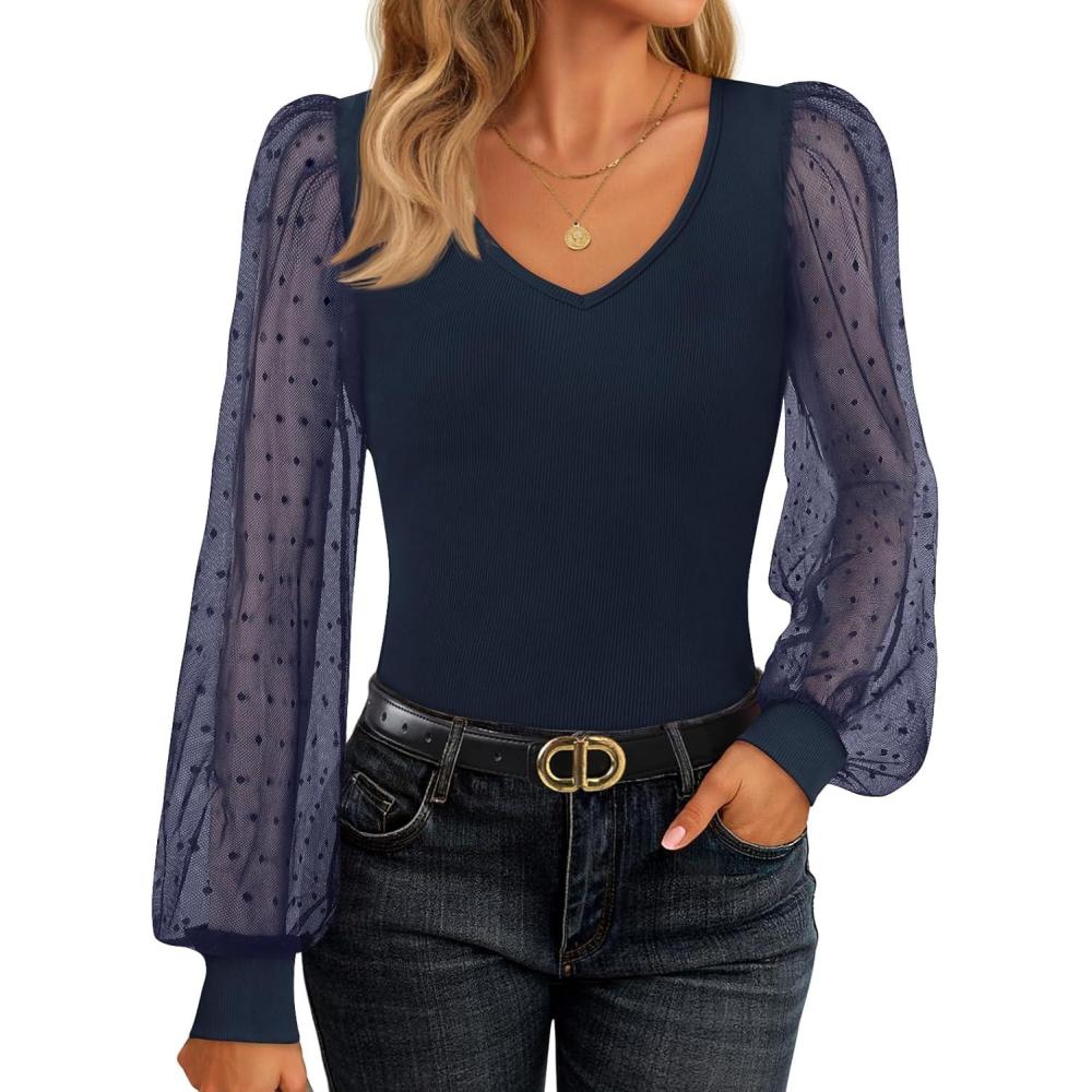imageZESICA Womens Mesh Puff Long Sleeve Shirts 2026 Spring Fall V Neck Ribbed Knit Sexy Going Out Tops Casual Work BlouseNavy Blue