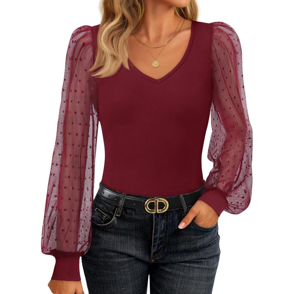 imageZESICA Womens Mesh Puff Long Sleeve Shirts 2026 Spring Fall V Neck Ribbed Knit Sexy Going Out Tops Casual Work BlouseWine Red