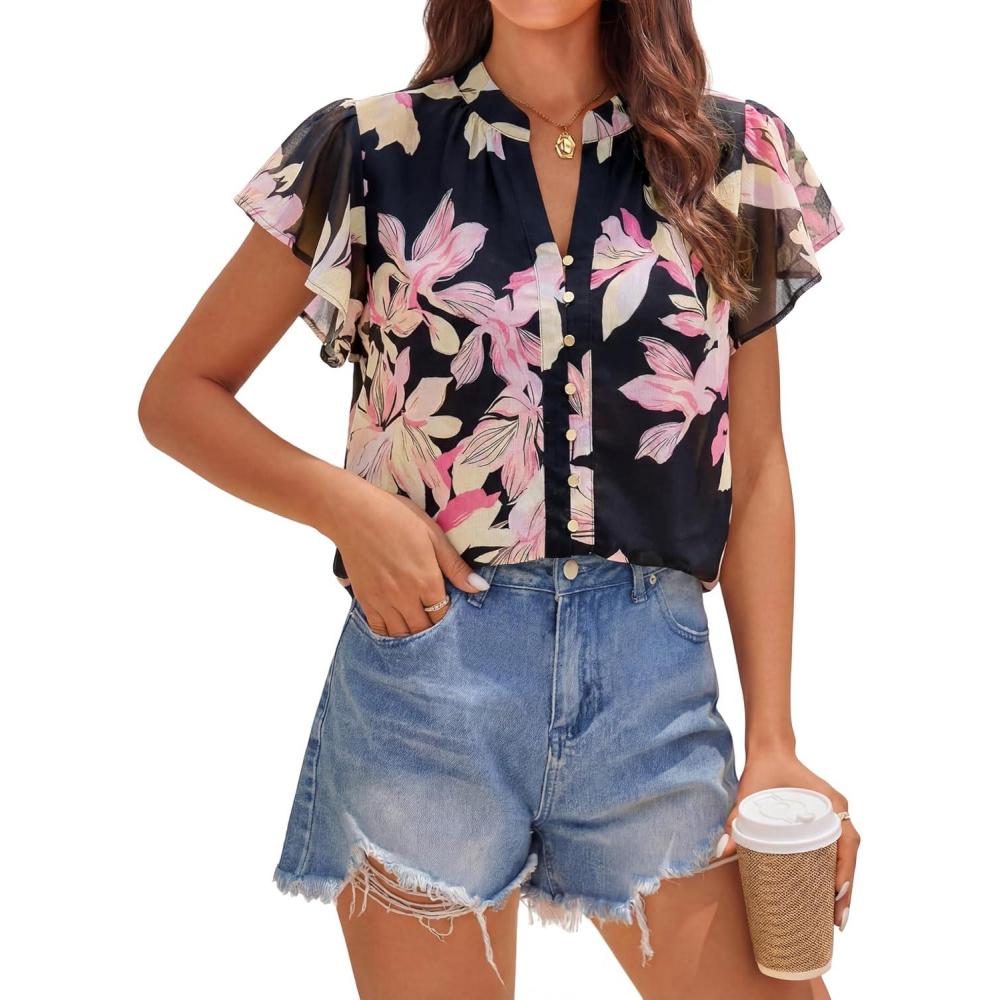 imageZESICA Womens Short Sleeve Floral Blouse 2026 Summer Botton Down Shirts Loose Casual Boho Tops Trendy OutfitsBlack