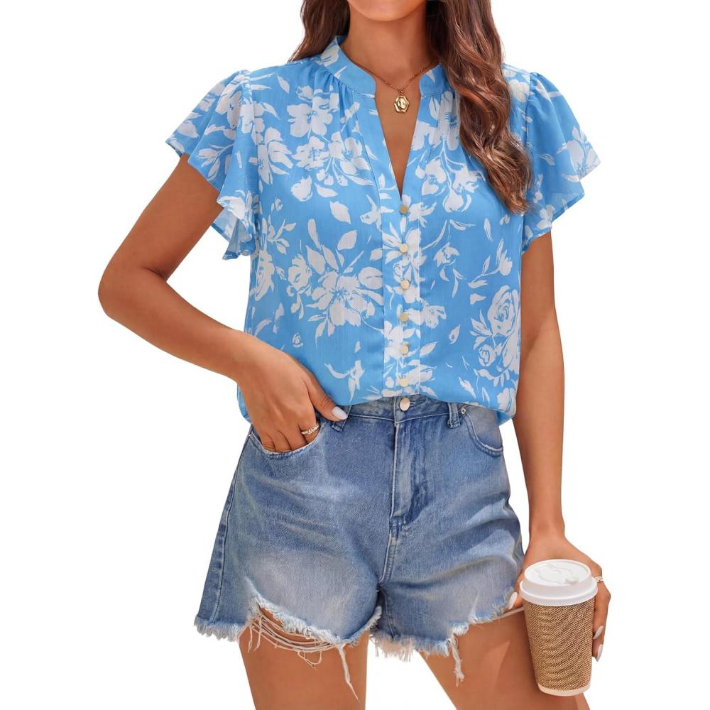 imageZESICA Womens Short Sleeve Floral Blouse 2026 Summer Botton Down Shirts Loose Casual Boho Tops Trendy OutfitsBlue
